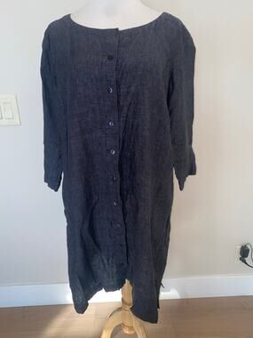 Eileen Fisher Woman Organic Linen Dress 3/4 Sleeves Indigo/Black Size Plus 1X